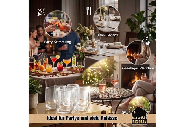 BigDean Glas Gläser Set 6 Stück 320 ml Trinkgläser Wassergläser Saftgläser, 6-tlg., Glas, Elegant, Schlicht, Spülmaschinenfest, Pflegeleicht