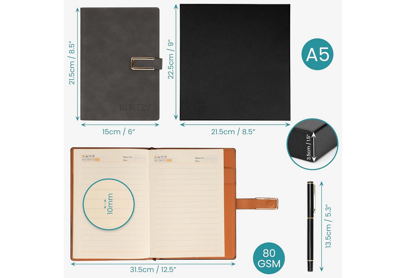 Kurtzy Notizbuch Kurtzy Notizbuch A5 PU-Leder mit Stift, nachfüllbar, dunkelgrau Bild 4