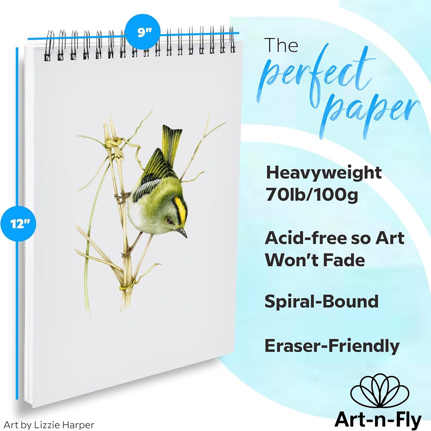 Art-n-Fly Aquarellpapier Zeichenblock A4 mit 100 Blatt, Spiralbindung, glattes Papier