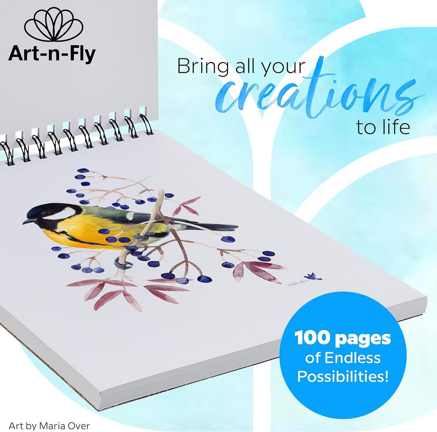 Art-n-Fly Aquarellpapier Zeichenblock A4 mit 100 Blatt, Spiralbindung, glattes Papier Bild 2