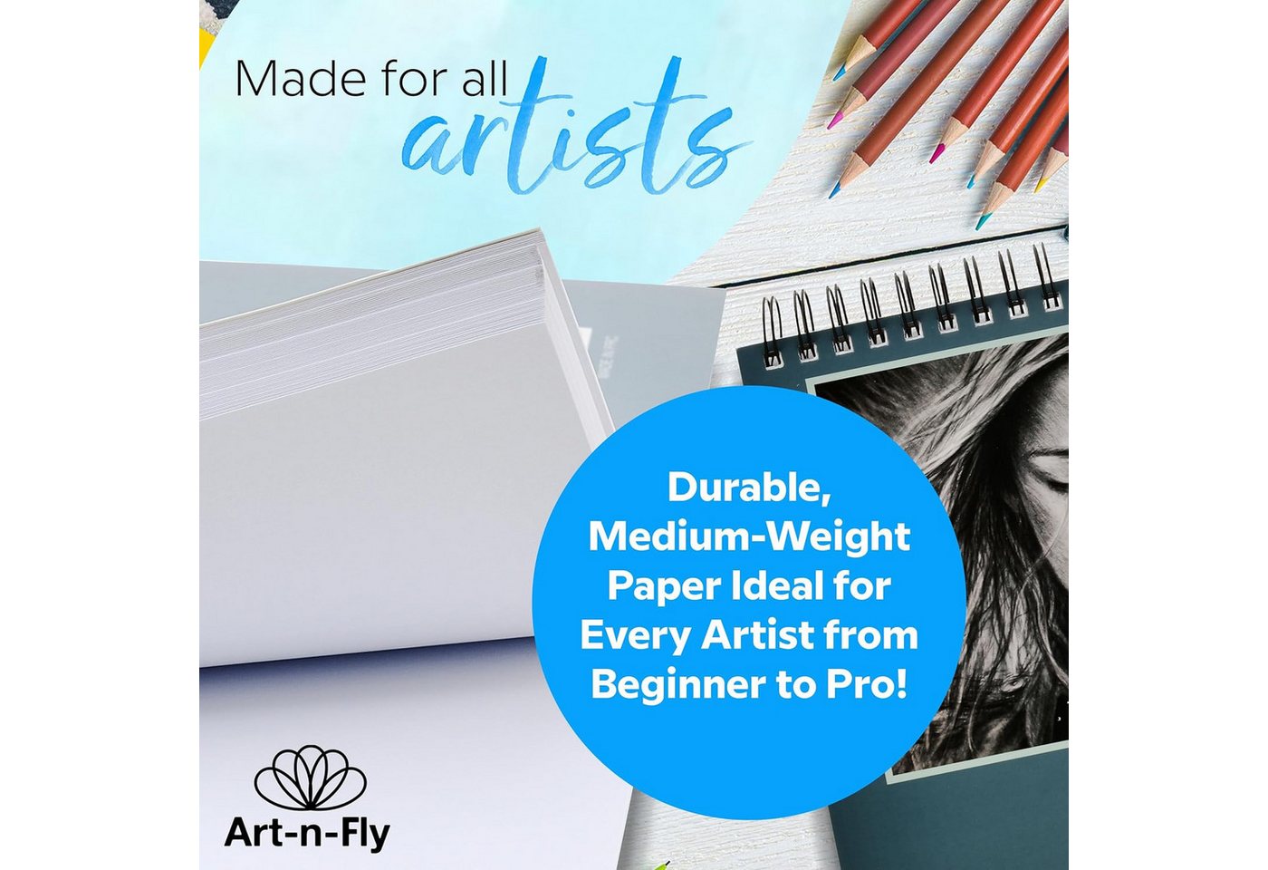 Art-n-Fly Aquarellpapier Zeichenblock A4 mit 100 Blatt, Spiralbindung, glattes Papier Bild 5