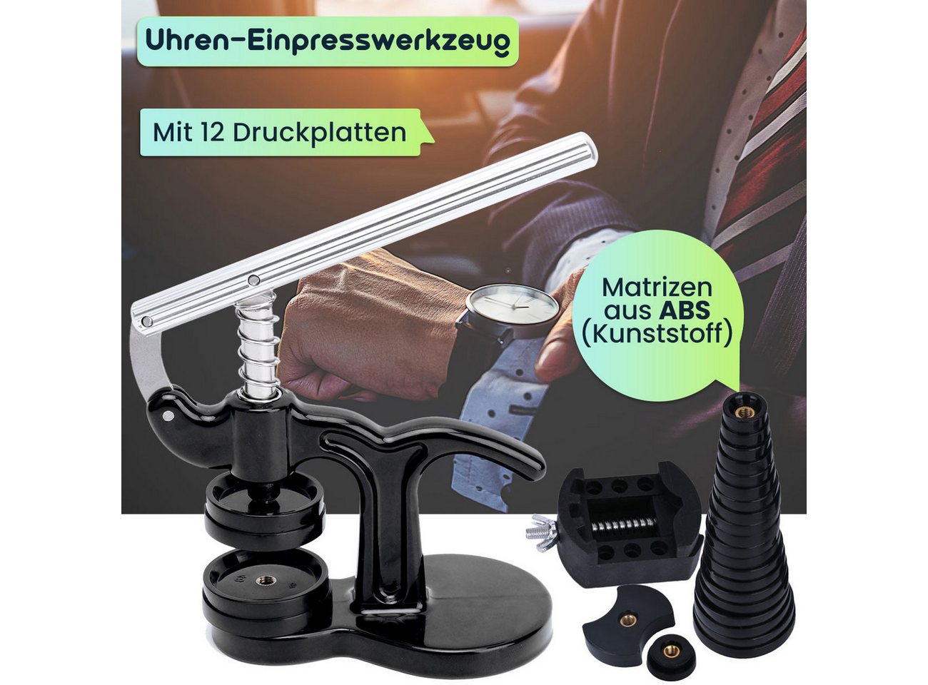 Casativo Reparatur-Set 17tlg Profi Uhren Einpresswerkzeug Reparatur Set für Batteriewechsel, 17-St., 1er-Set, für gängige Armbanduhren und Uhrdeckel/12 Matrizen ABS/Gehäusehalter