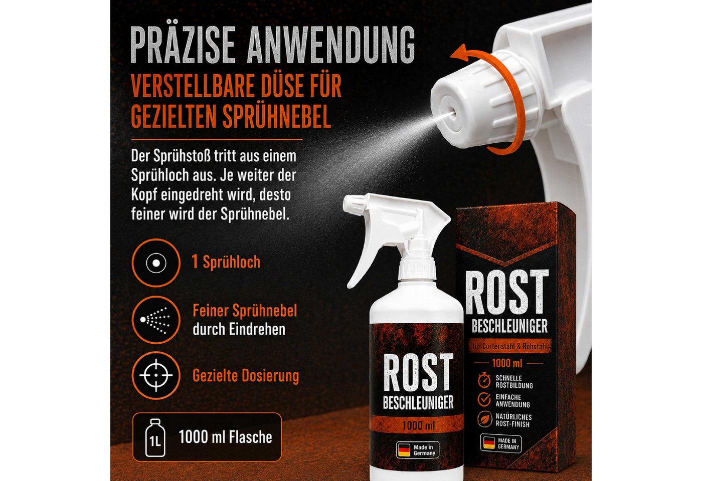 Feuerfest 123 GmbH Gartenkamin Rostbeschleuniger für Cortenstahl & Stahl 1L Sprühflasche – Rostoptik Bild 2