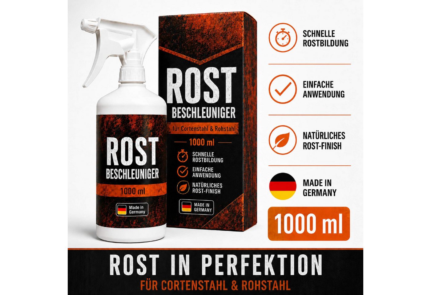 Feuerfest 123 GmbH Gartenkamin Rostbeschleuniger für Cortenstahl & Stahl 1L Sprühflasche – Rostoptik Bild 3