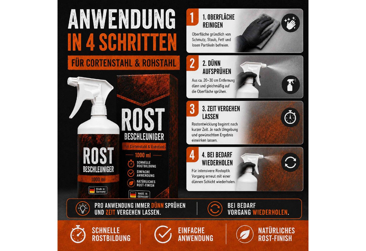 Feuerfest 123 GmbH Gartenkamin Rostbeschleuniger für Cortenstahl & Stahl 1L Sprühflasche – Rostoptik Bild 4