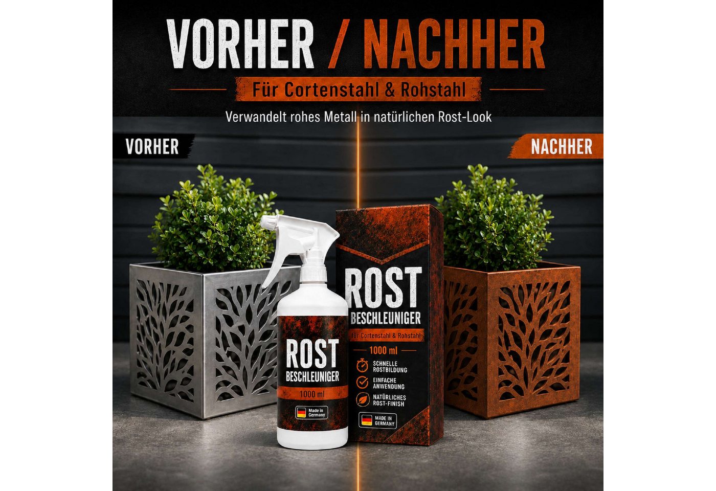 Feuerfest 123 GmbH Gartenkamin Rostbeschleuniger für Cortenstahl & Stahl 1L Sprühflasche – Rostoptik Bild 5