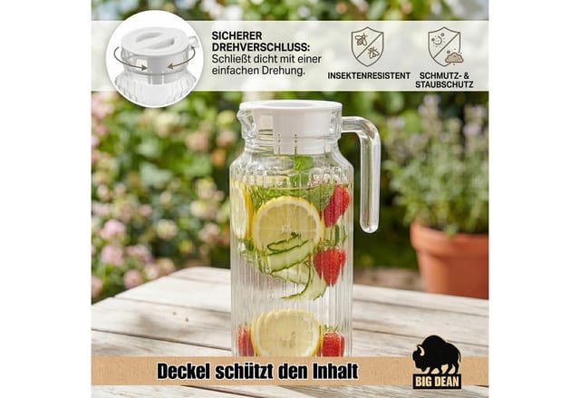 BigDean Wasserkrug Kühlschrankkrug 1,1 Liter Glaskrug mit Deckel, (Packung, 1-tlg., Wasserkaraffe), Feststizender Deckel, Schlanke Form, Robustes Borosilikatglas