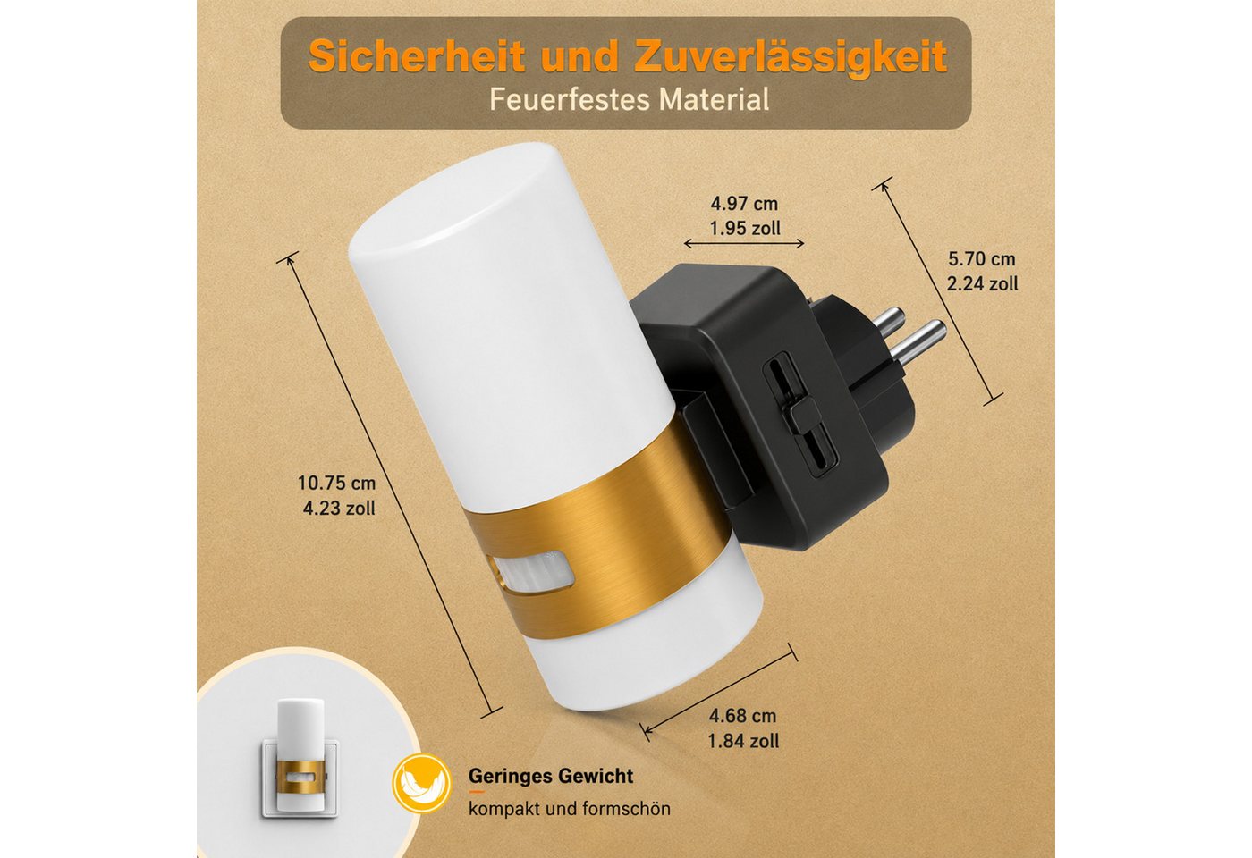 LOHAS-LED Nachtlicht Steckbares Up-Down Nachtlicht mit Bewegungssensor, LED fest integriert, Warmweiß, Stufenlos dimmbar, warmes 2700K Licht mit goldfarbenem Metallring