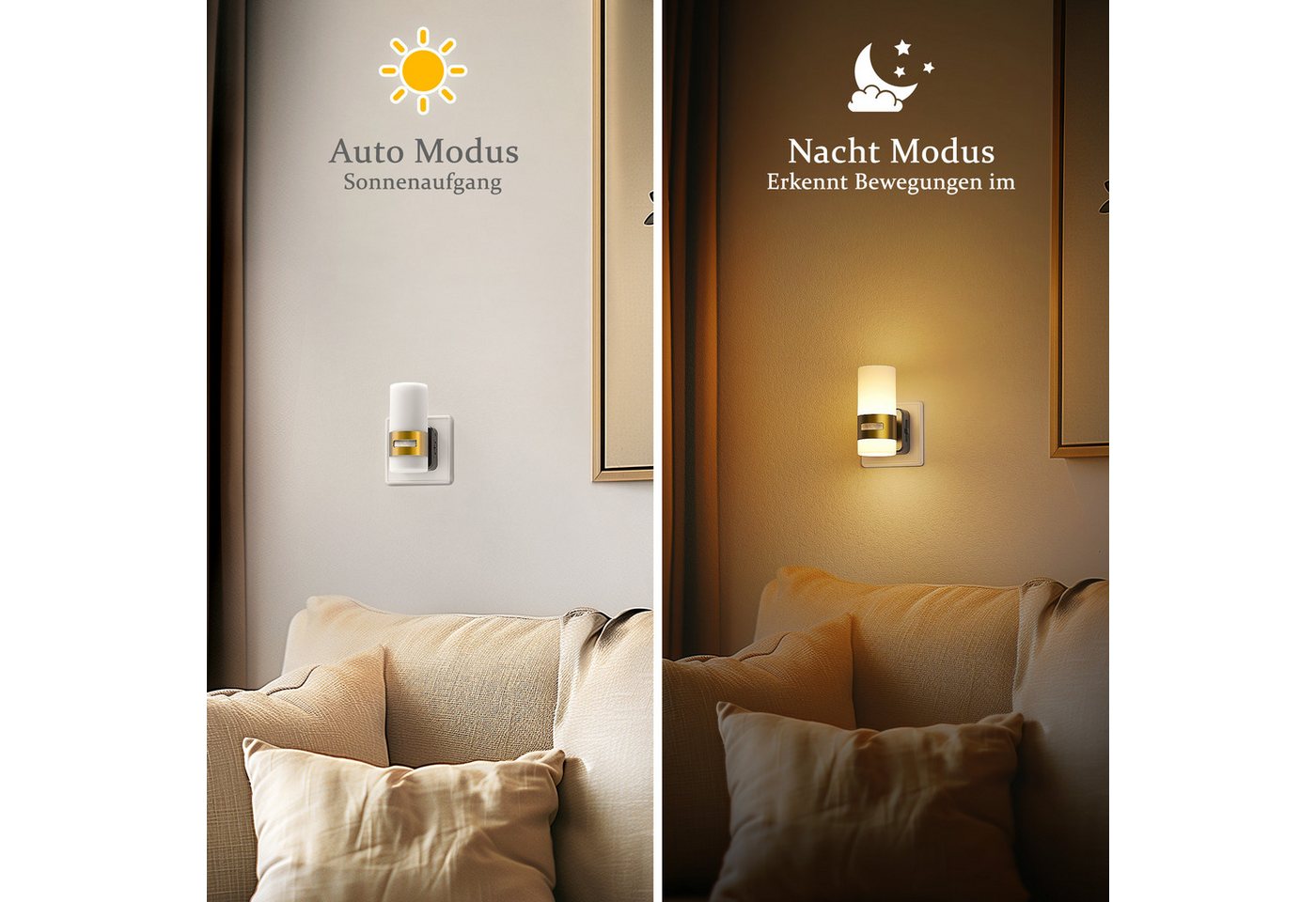 LOHAS-LED Nachtlicht Steckbares Up-Down Nachtlicht mit Bewegungssensor, LED fest integriert, Warmweiß, Stufenlos dimmbar, warmes 2700K Licht mit goldfarbenem Metallring Bild 2