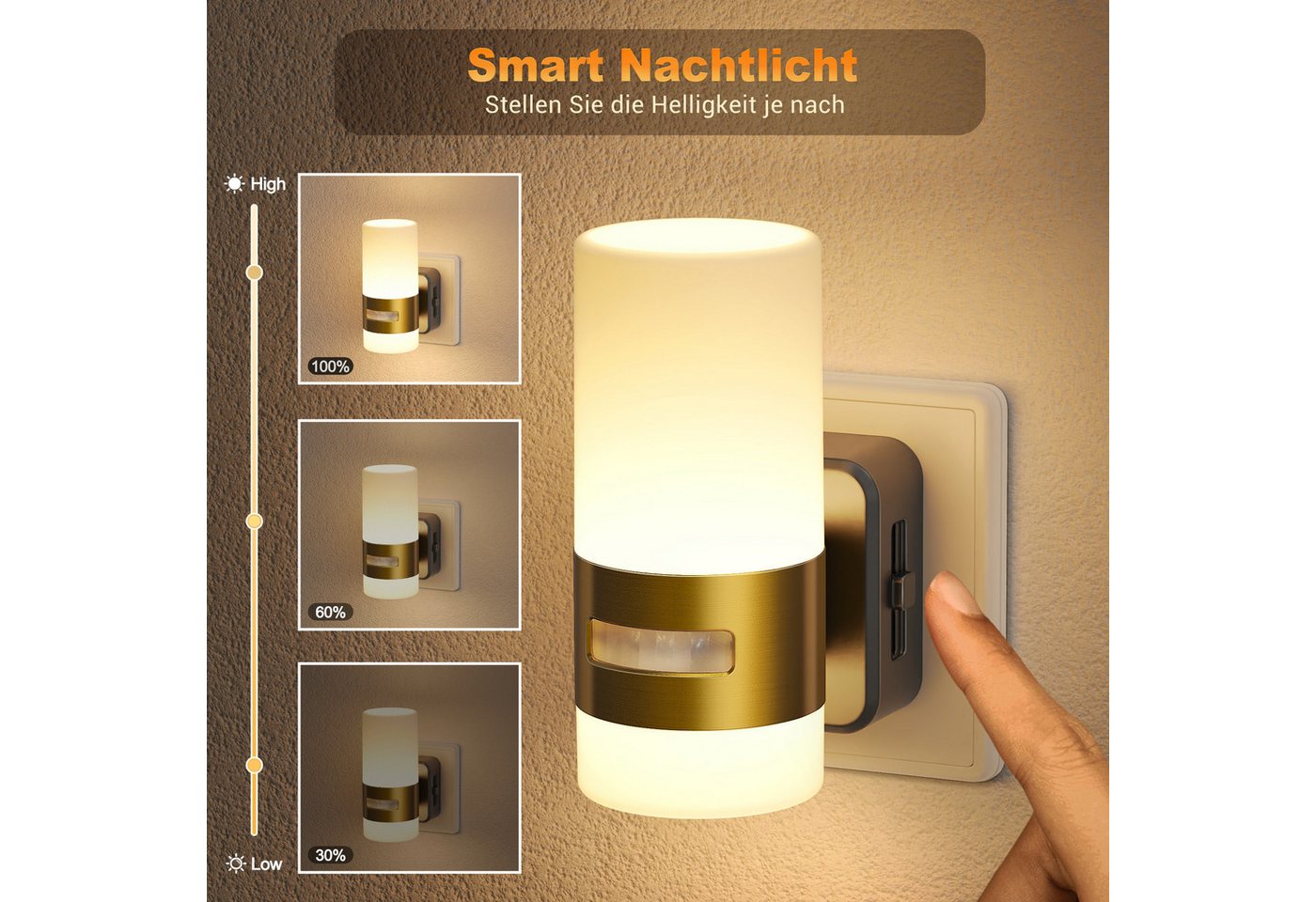 LOHAS-LED Nachtlicht Steckbares Up-Down Nachtlicht mit Bewegungssensor, LED fest integriert, Warmweiß, Stufenlos dimmbar, warmes 2700K Licht mit goldfarbenem Metallring Bild 3