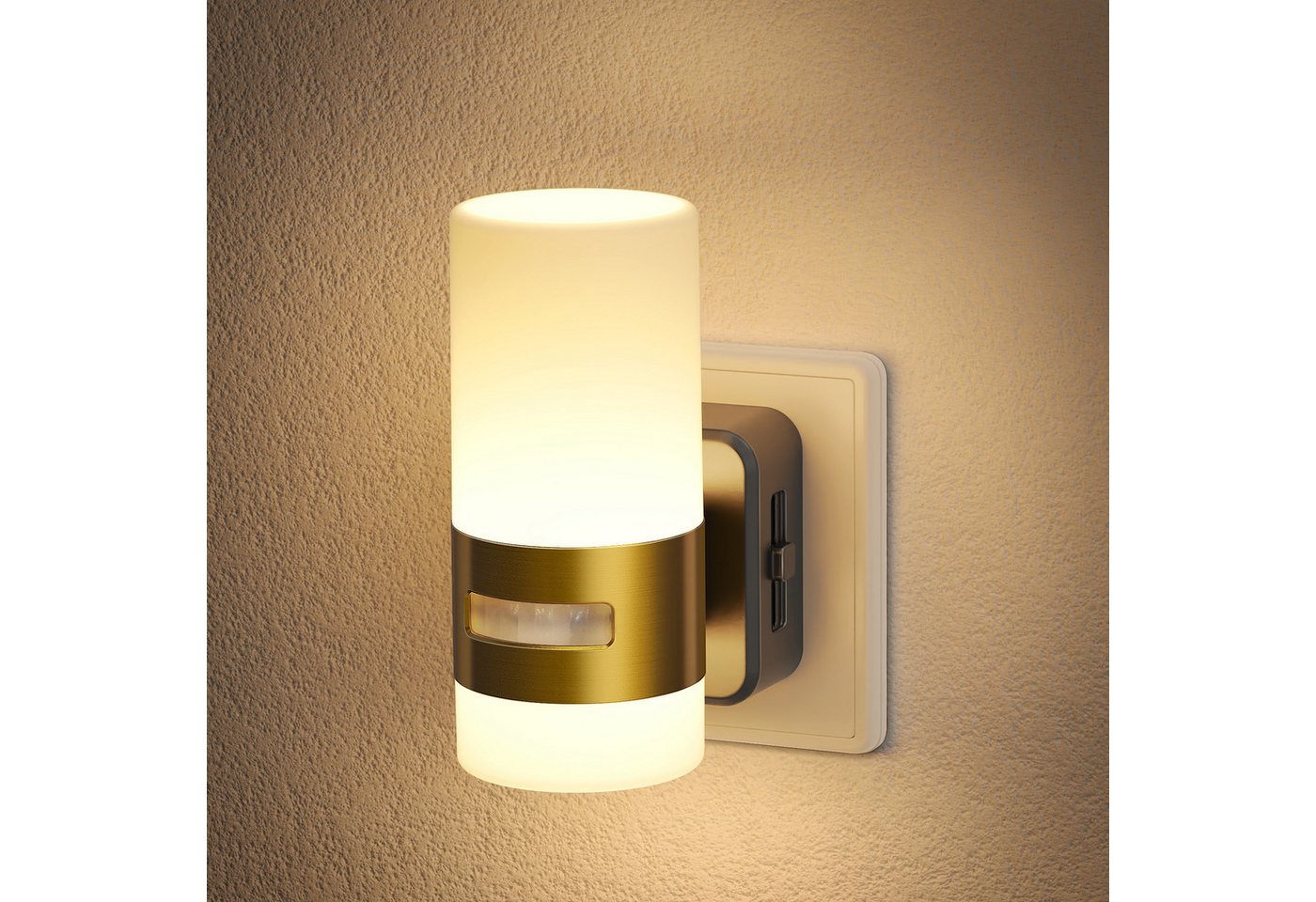 LOHAS-LED Nachtlicht Steckbares Up-Down Nachtlicht mit Bewegungssensor, LED fest integriert, Warmweiß, Stufenlos dimmbar, warmes 2700K Licht mit goldfarbenem Metallring Bild 4