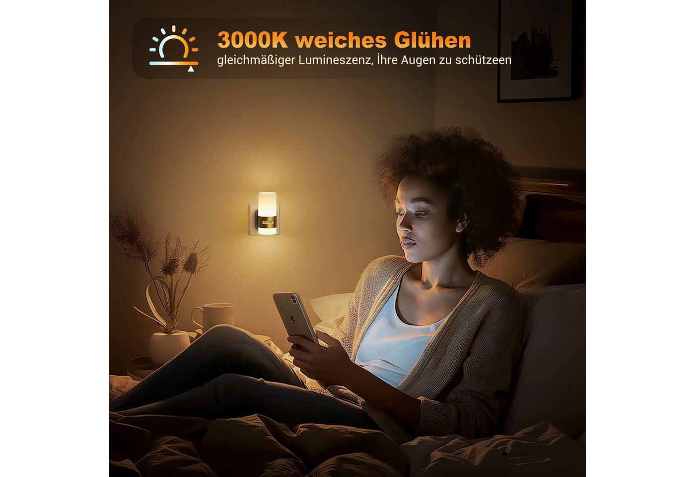 LOHAS-LED Nachtlicht Steckbares Up-Down Nachtlicht mit Bewegungssensor, LED fest integriert, Warmweiß, Stufenlos dimmbar, warmes 2700K Licht mit goldfarbenem Metallring Bild 5