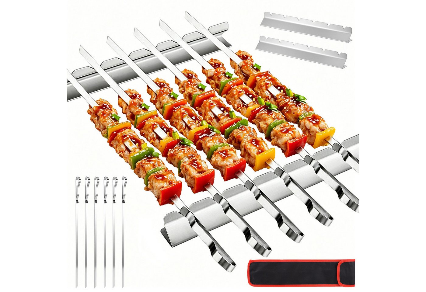 BlingBin Grillspieß Edelstahl Set, 6 Stück Schaschlikspieße mit Grillspießhalter (6er Set, 9-St., Maße der Grillspieße: 41,5 × 0,8 cm), 41,5cm Lange BBQ-Spieße für Fleisch Gemüse, Outdoor Barbecue Bild 2