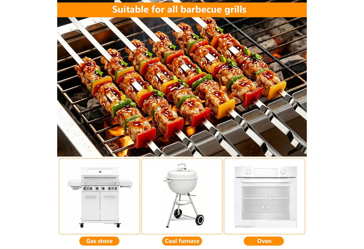 BlingBin Grillspieß Edelstahl Set, 6 Stück Schaschlikspieße mit Grillspießhalter (6er Set, 9-St., Maße der Grillspieße: 41,5 × 0,8 cm), 41,5cm Lange BBQ-Spieße für Fleisch Gemüse, Outdoor Barbecue Bild 4