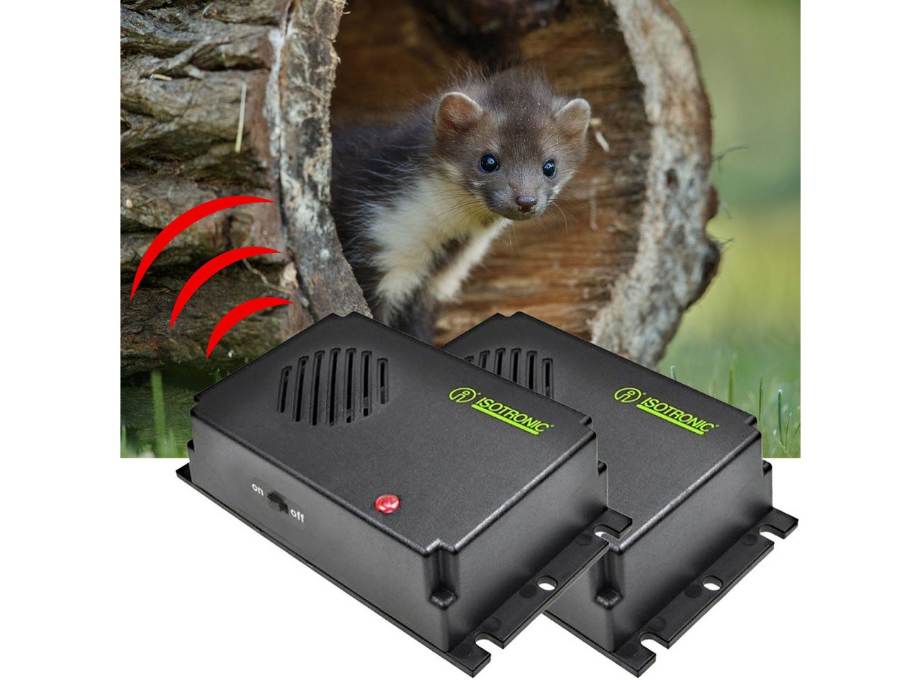 ISOTRONIC Ultraschall-Tierabwehr Mobile Ultraschall Marder-Abwehr, Batteriebetrieben für KFZ & Haus, 2-tlg., Batteriebetriebener Marder-Schreck für KFZ, Haus & Garten bis 40 m² Bild 2
