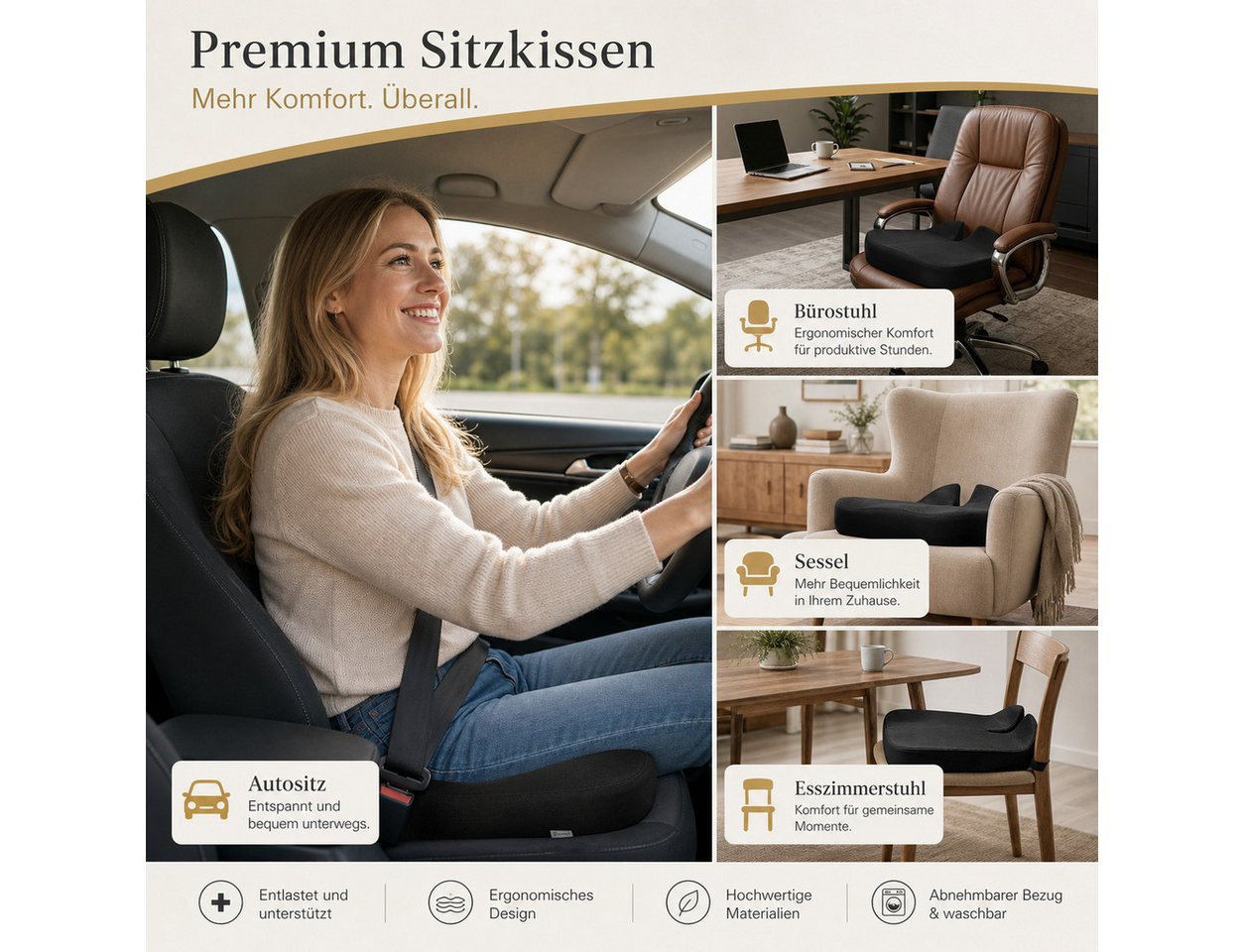 GLIESE POWER Sitzkissen orthopädisch für Auto – Memory-Schaum, Ischias-Entlastung, rutschfest, Memory-Schaum, rutschfest & schmerzlindernd.
