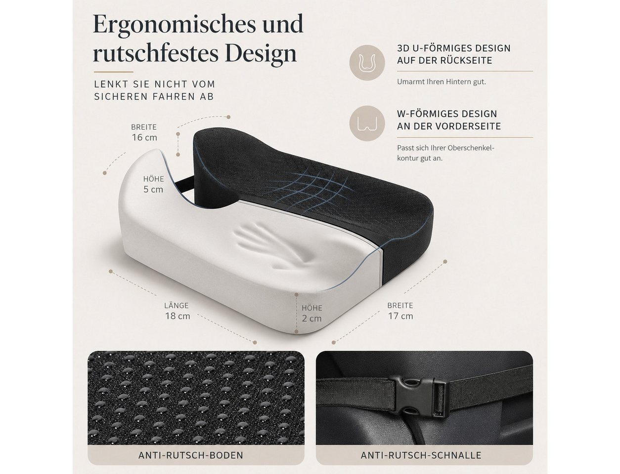 GLIESE POWER Sitzkissen orthopädisch für Auto – Memory-Schaum, Ischias-Entlastung, rutschfest, Memory-Schaum, rutschfest & schmerzlindernd. Bild 2