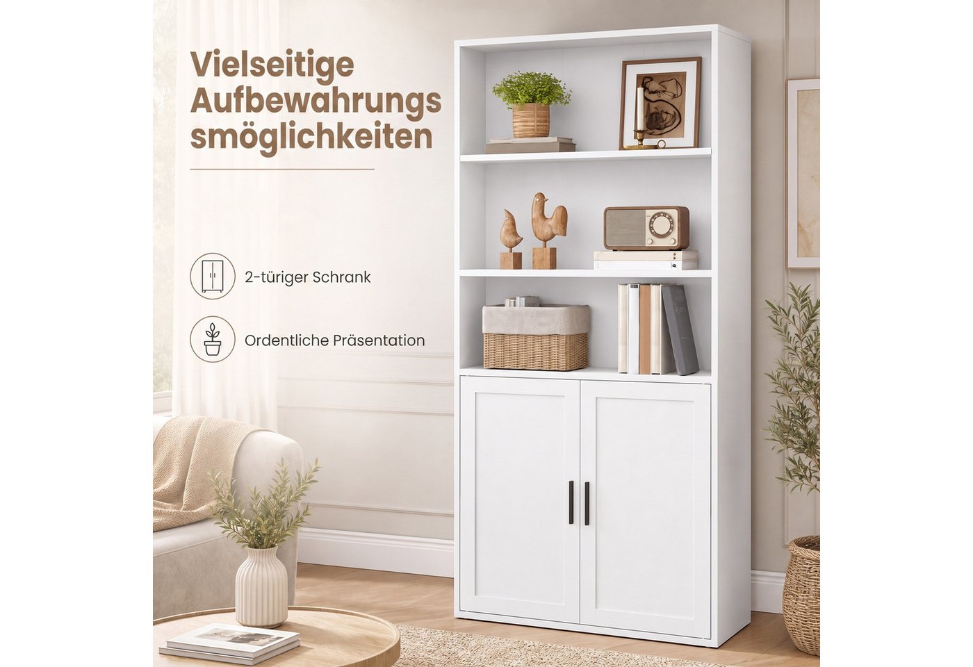 VASAGLE Bücherregal Standregal mit 2 Türen, 5/6-stöckiges Standregal, 60 x 24 x 145.9/175 cm