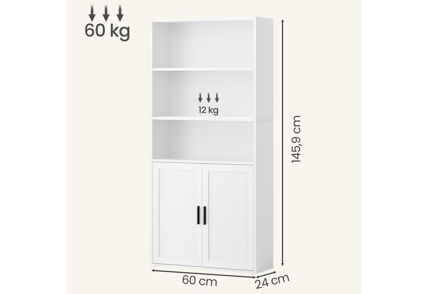 VASAGLE Bücherregal Standregal mit 2 Türen, 5/6-stöckiges Standregal, 60 x 24 x 145.9/175 cm Bild 4