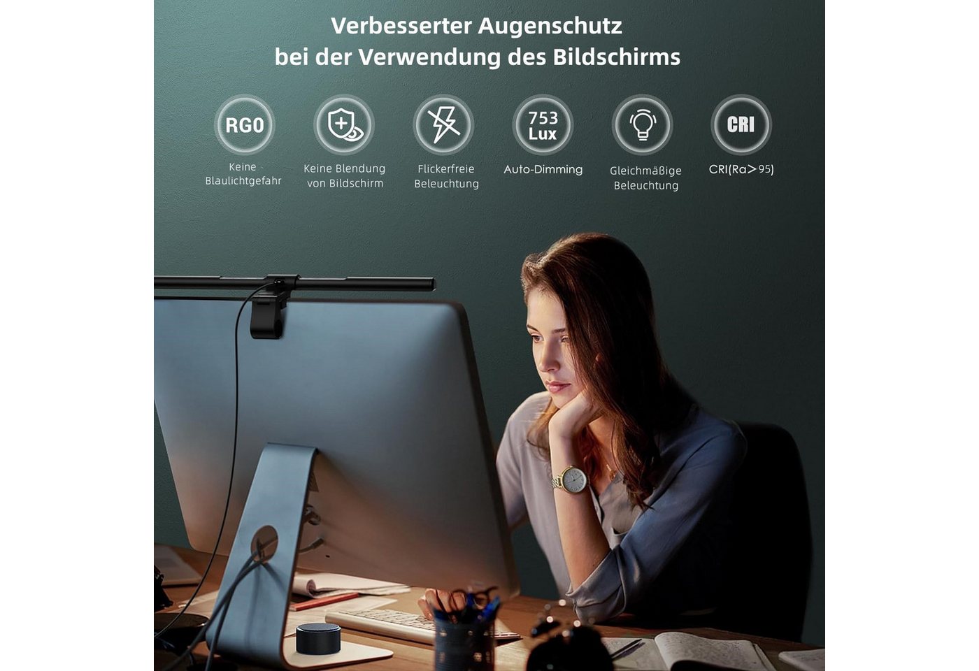Quntis LED Schreibtischlampe 52cm PRO Schreibtischlampe klemmleuchte monitor licht zum klemmen, Augenschutz, LED wechselbar, Kaltweiß, Warmweiß, Tageslichtweiß, Einstellbare Helligkeit, Anti-Strahlung tischlampe computer monitor beleuchtung bildschirmlampe