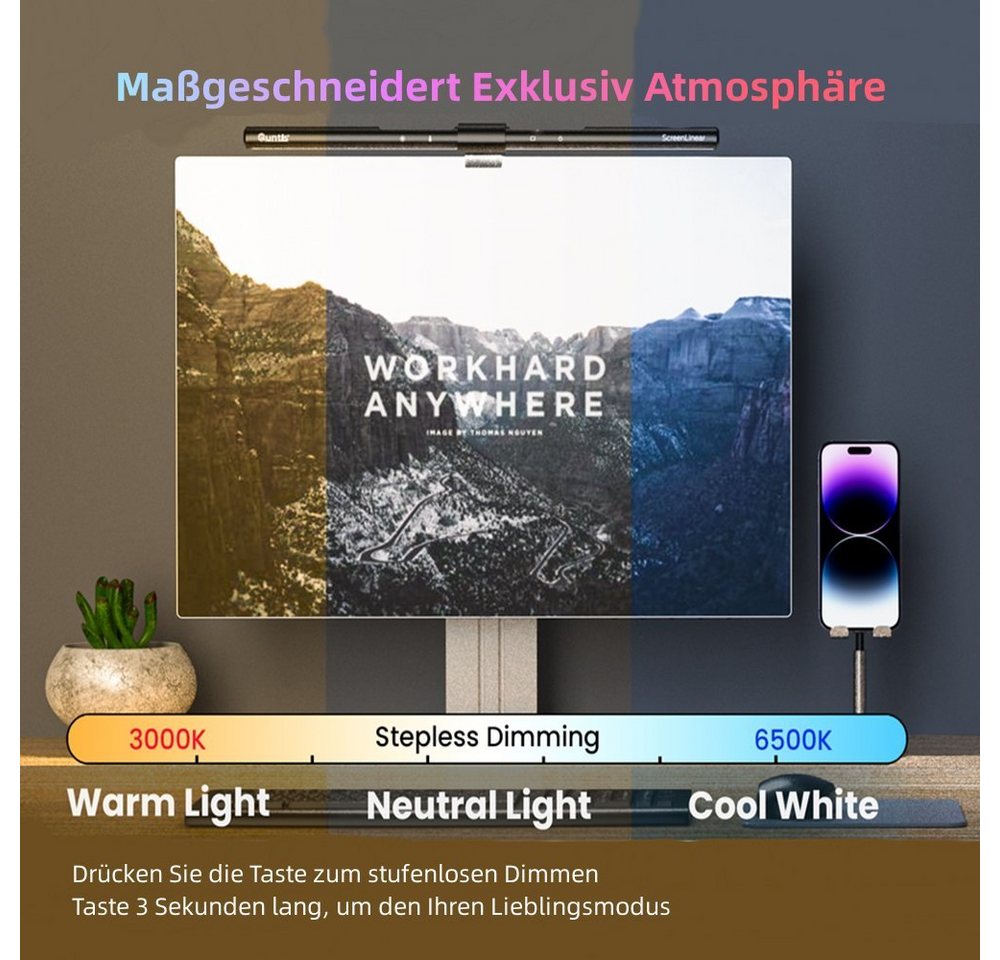 Quntis LED Schreibtischlampe 52cm PRO Schreibtischlampe klemmleuchte monitor licht zum klemmen, Augenschutz, LED wechselbar, Kaltweiß, Warmweiß, Tageslichtweiß, Einstellbare Helligkeit, Anti-Strahlung tischlampe computer monitor beleuchtung bildschirmlampe Bild 4