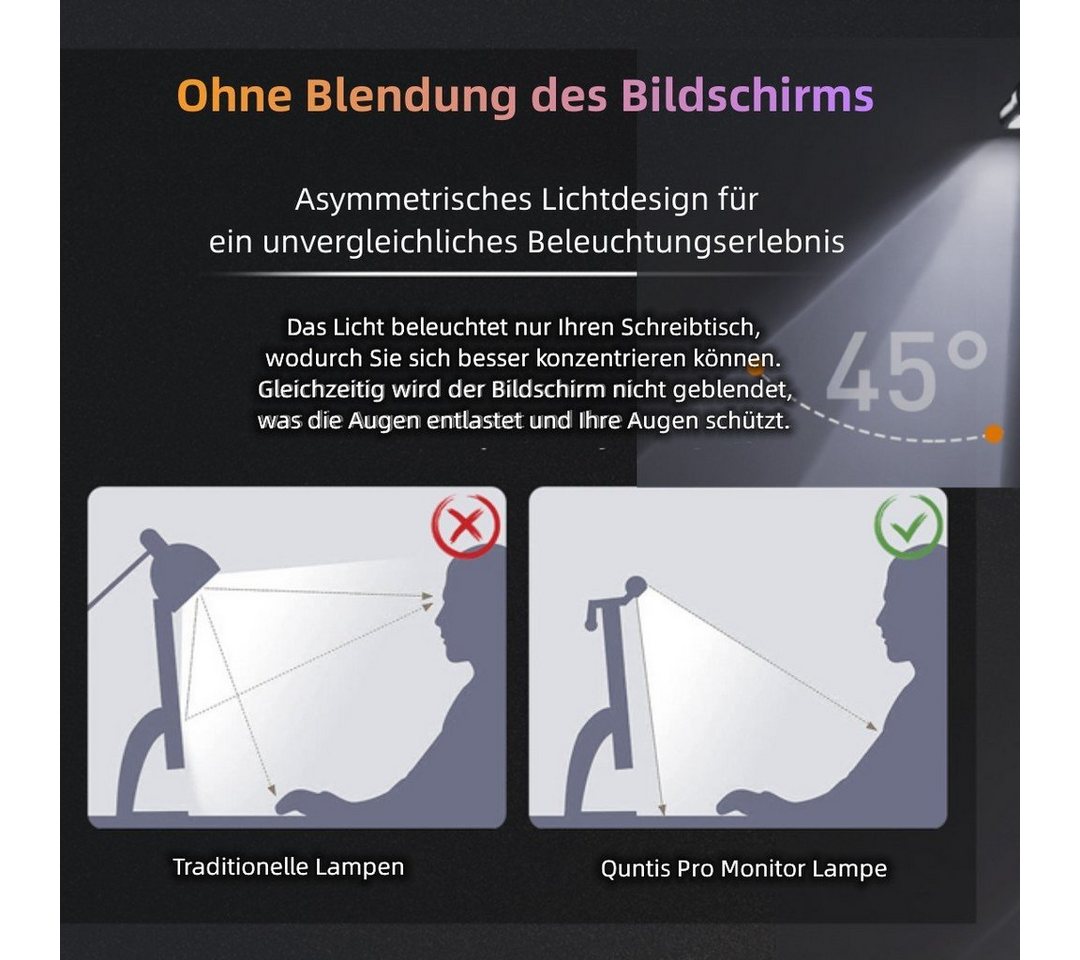 Quntis LED Schreibtischlampe 52cm PRO Schreibtischlampe klemmleuchte monitor licht zum klemmen, Augenschutz, LED wechselbar, Kaltweiß, Warmweiß, Tageslichtweiß, Einstellbare Helligkeit, Anti-Strahlung tischlampe computer monitor beleuchtung bildschirmlampe Bild 5