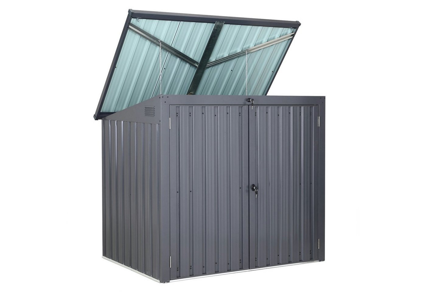 metra-direkt Mülltonnenbox aus Metallblech in Anthrazit - Platz für 2 Mülltonnen, Gasdruckfeder, Mülltonnenverkleidung, Mit Schloss