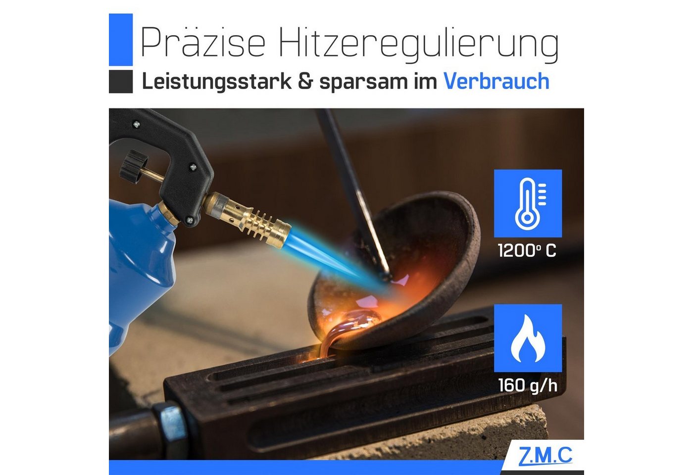 ZMC Flambierbrenner Gasbrenner Grillanzünder Gasanzünder Lötpistole +6 Gaskartuschen 190g, (Lötlampe 2,2 kW Temperatur von bis zu 1200 ° C, Lötlampe 2,2 kW Temperatur von bis zu 1200 ° C), Butangas Lötbrenner Kohleanzünder Flammspritzpistole Bunsenbrenner Bild 4