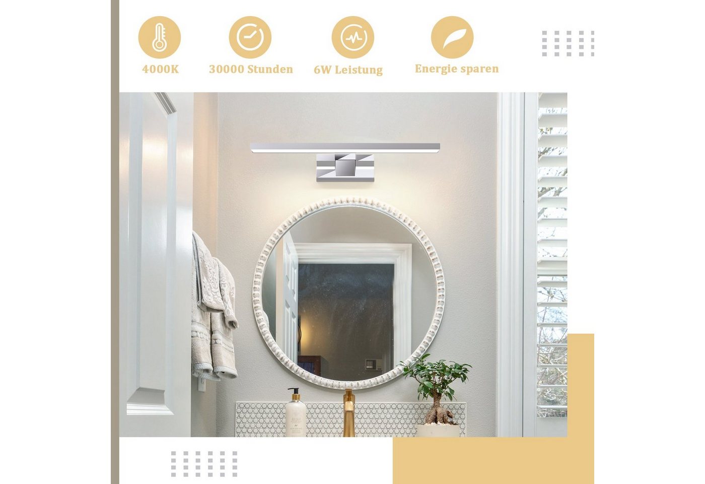 ZMH LED Spiegelleuchte Neutralweiß Spiegellampe - leuchte Chrom Modern, Augenschutz, LED fest integriert, Neutralweiß, Modern Neutralweiß 4000K lampe Wandmontage für Keller Bild 5