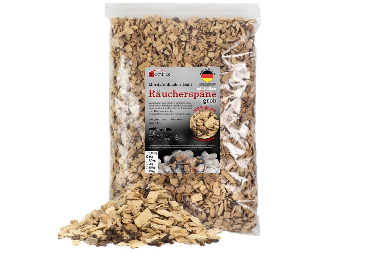 Moritz Räucherbox 1kg Räucherspäne Buche mit Nelke grob 6 -12 mm zum smoken, räuchern/kalträuchern von Fleisch, Fisch, Gemüse geeignet Bild 3