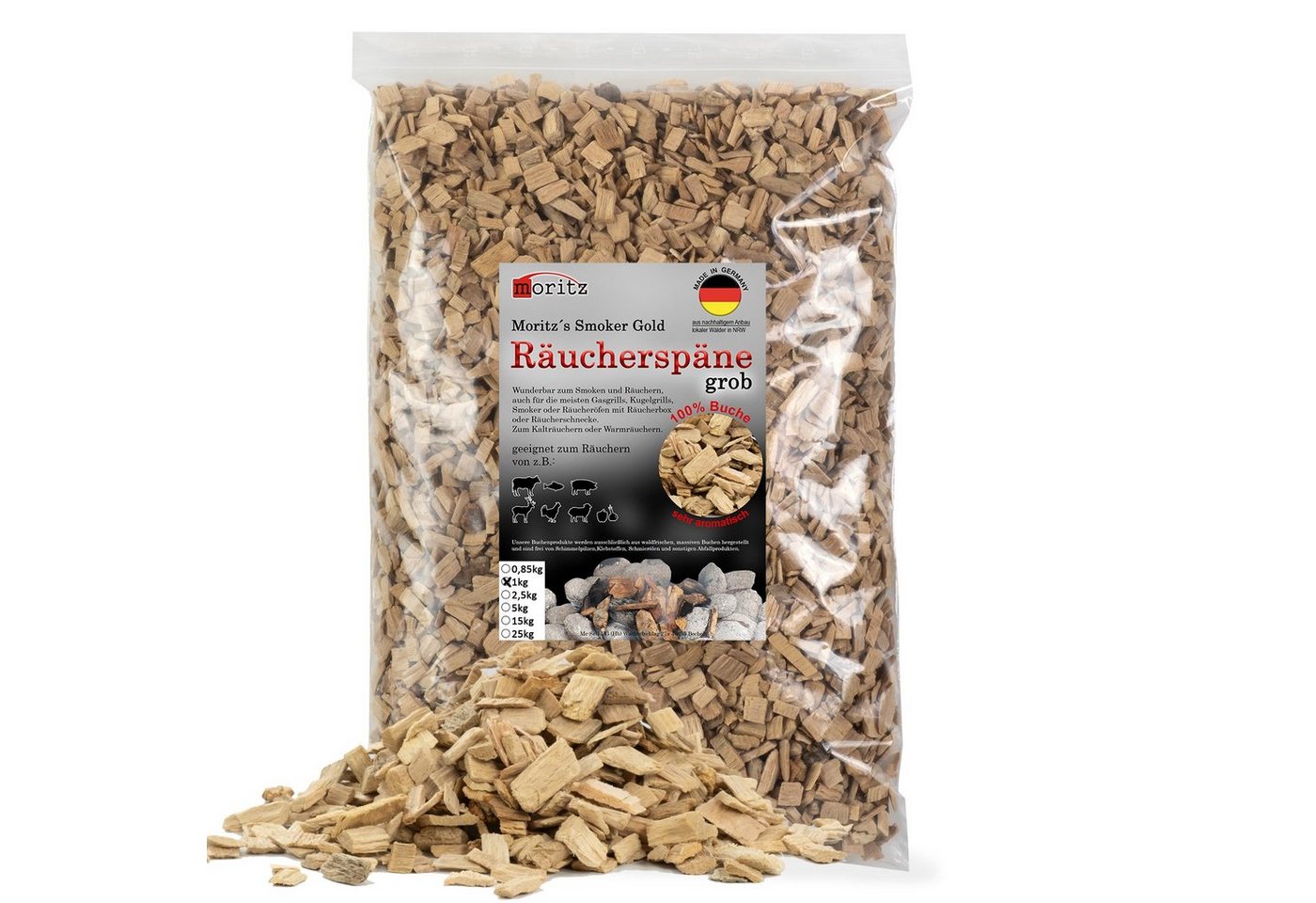 Moritz Räucherbox 1kg Räucherspäne Buche grob 6 -12 mm zum smoken, räuchern/kalträuchern von Fleisch, Fisch, Gemüse geeignet Bild 3