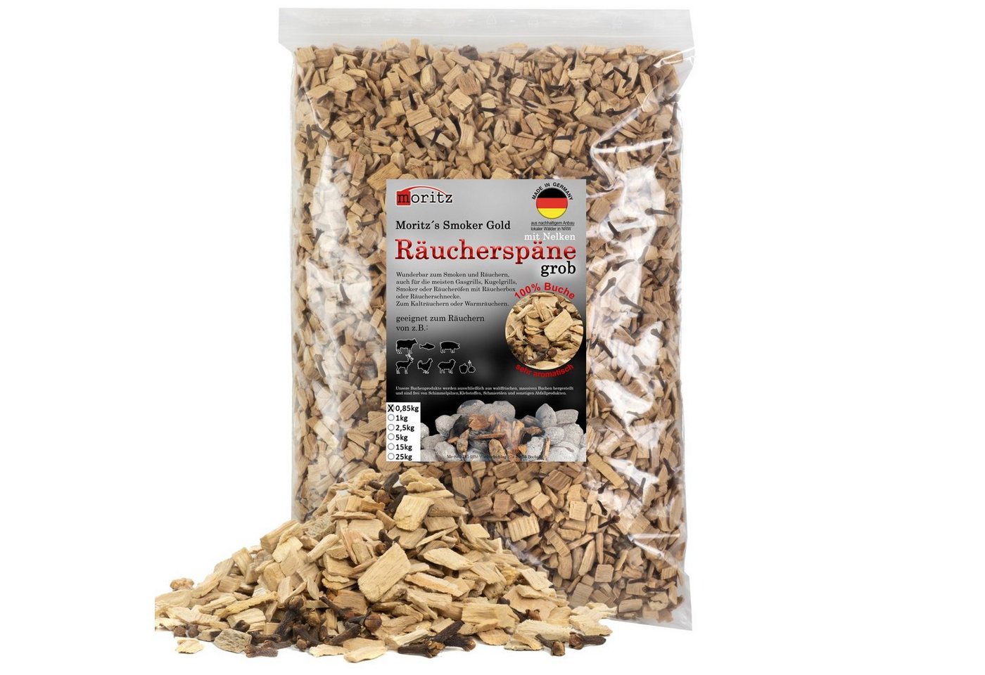 Moritz Räucherbox 0,85kg Räucherspäne Buche mit Nelke grob 6 -12 mm zum smoken, räuchern/kalträuchern von Fleisch, Fisch, Gemüse geeignet Bild 2