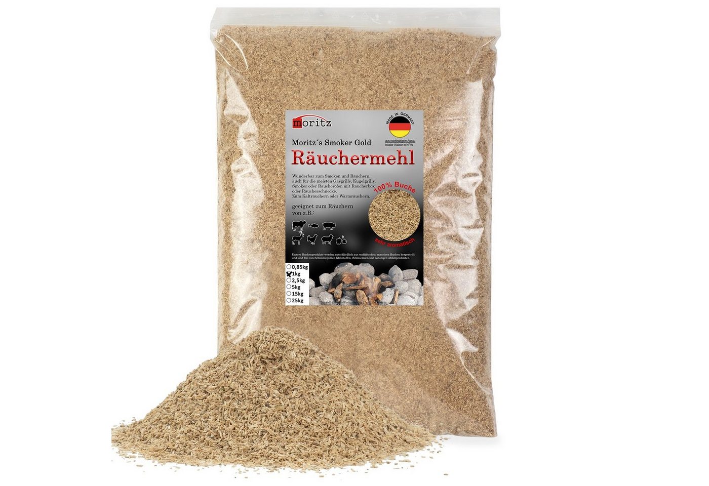 Moritz Räucherbox 1kg Räuchermehl Buche fein 0,5 -1 mm zum smoken, räuchern/kalträuchern von Fleisch, Fisch, Gemüse geeignet Bild 3
