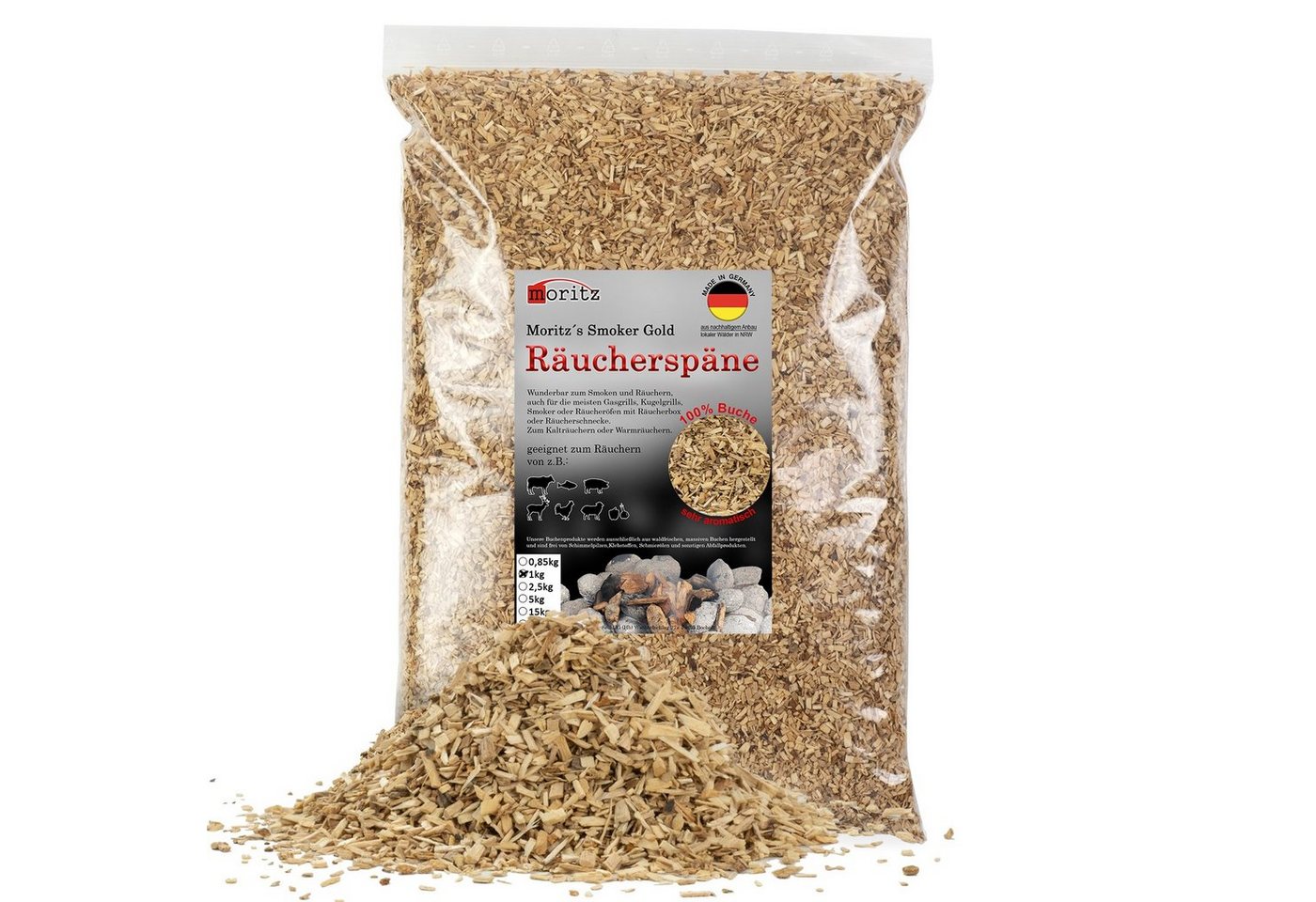 Moritz Räucherbox 1kg Räucherspäne Buche fein 0,75 -2 mm zum smoken, räuchern/kalträuchern von Fleisch, Fisch, Gemüse geeignet