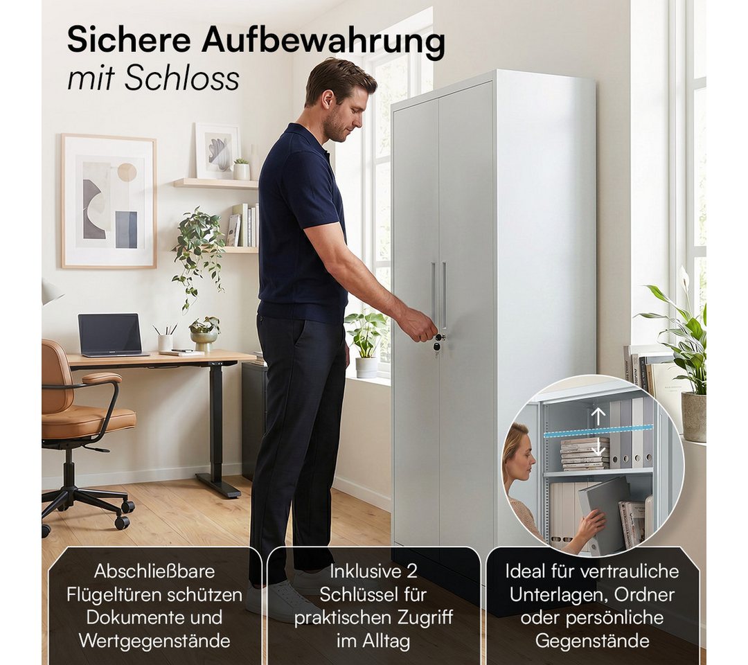 STEELSØN Aktenschrank Regulus aus Stahl, abschließbar (Grau) Spindschrank mit 4 höhenverstellbaren Einlegeböden, inkl. Schloss Bild 2