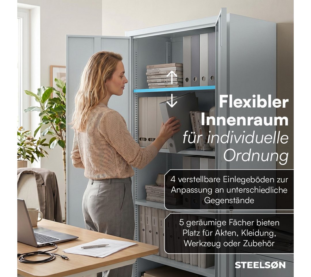 STEELSØN Aktenschrank Regulus aus Stahl, abschließbar (Grau) Spindschrank mit 4 höhenverstellbaren Einlegeböden, inkl. Schloss Bild 3