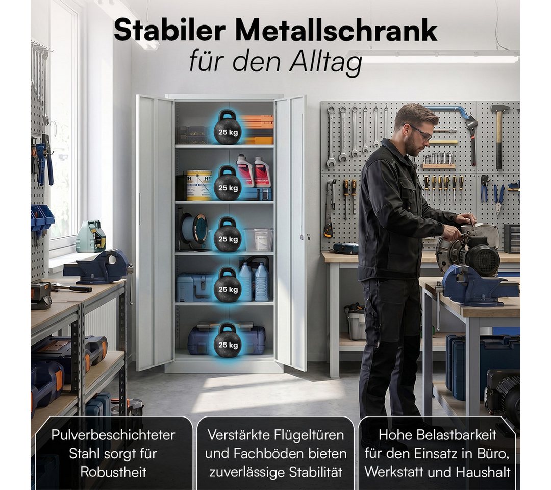 STEELSØN Aktenschrank Regulus aus Stahl, abschließbar (Grau) Spindschrank mit 4 höhenverstellbaren Einlegeböden, inkl. Schloss Bild 4