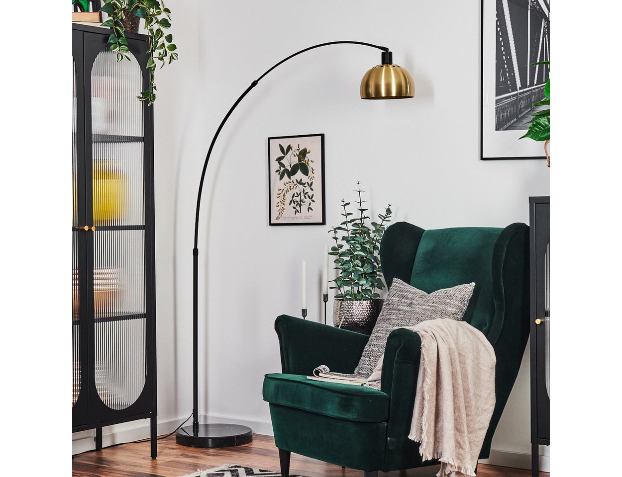 hofstein Bogenlampe Stehlampe aus Metall m. Marmorfuß in Schwarz/Messing gebürstet/Gold, ohne Leuchtmittel, verstellbar, im Retro/Vintage-Design, Fußschalter, Lichteffekt, E27