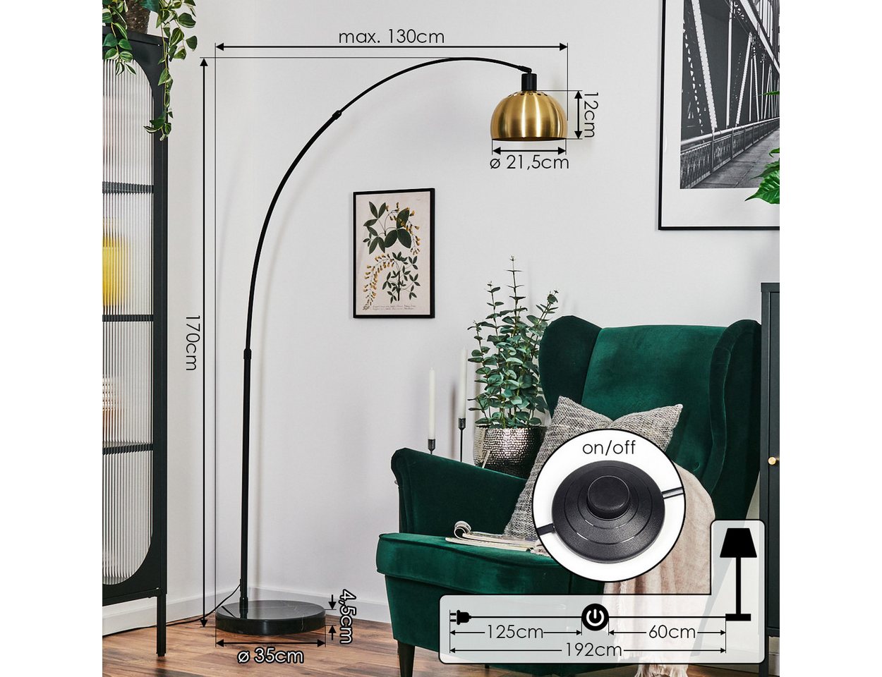hofstein Bogenlampe Stehlampe aus Metall m. Marmorfuß in Schwarz/Messing gebürstet/Gold, ohne Leuchtmittel, verstellbar, im Retro/Vintage-Design, Fußschalter, Lichteffekt, E27 Bild 2