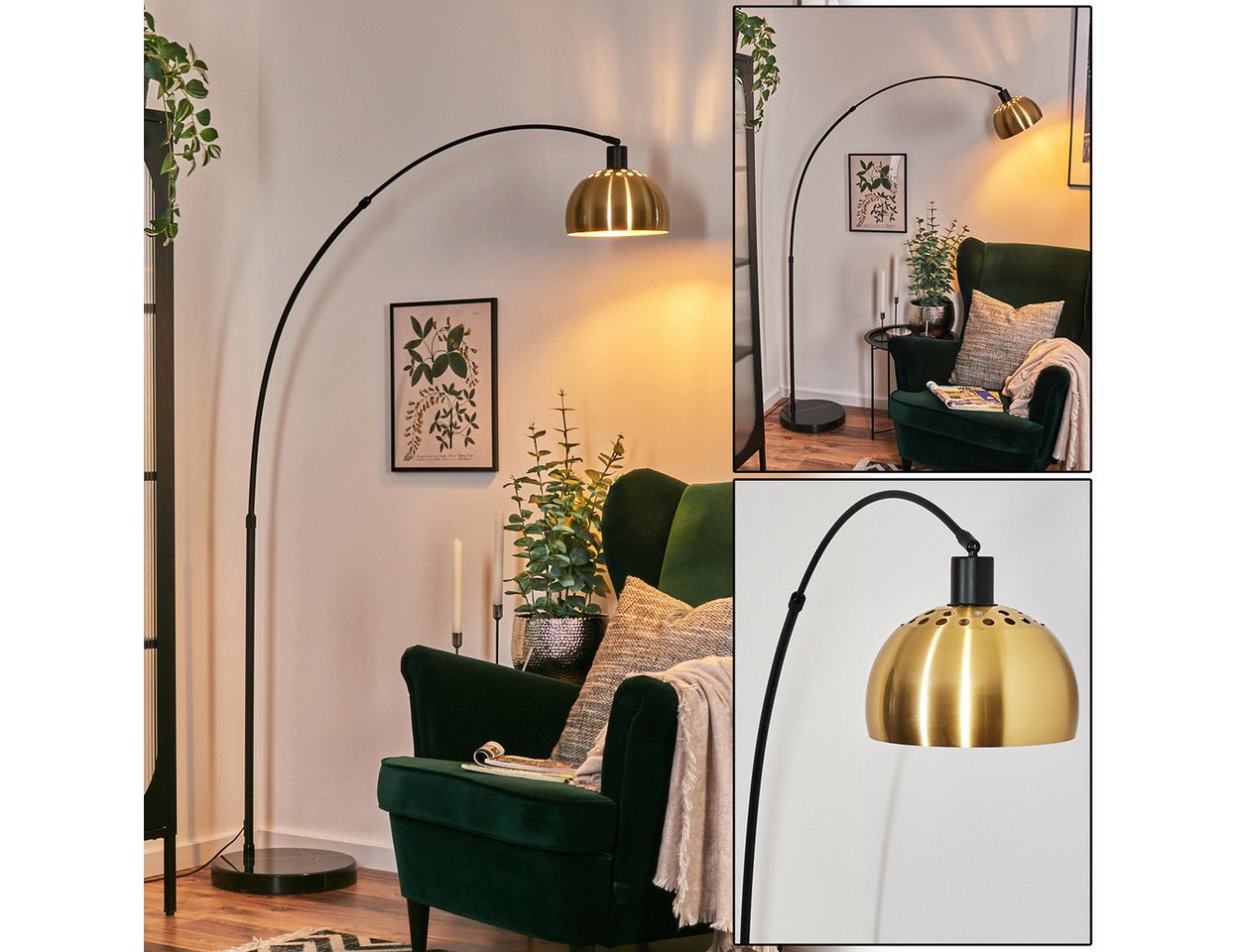 hofstein Bogenlampe Stehlampe aus Metall m. Marmorfuß in Schwarz/Messing gebürstet/Gold, ohne Leuchtmittel, verstellbar, im Retro/Vintage-Design, Fußschalter, Lichteffekt, E27 Bild 4
