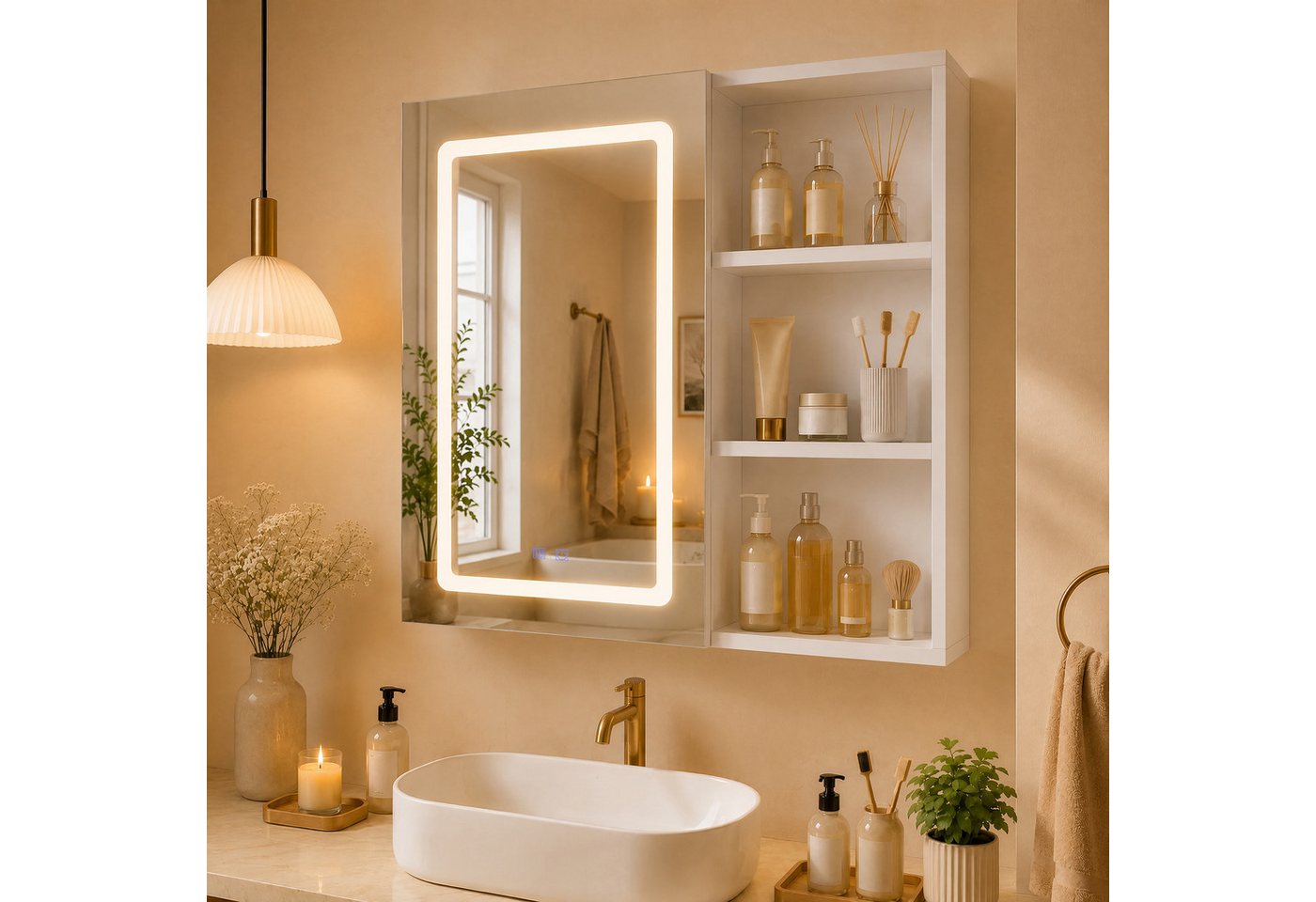PXloue Badezimmerspiegelschrank mit licht Spiegelschrank bad mit beleuchtung (Einstellung der warmen und kalten Farbtemperatur 3000/4500/6400K) inkl. LED-Beleuchtung, Stecker, Touchschalter, Beschlagfrei Bild 2