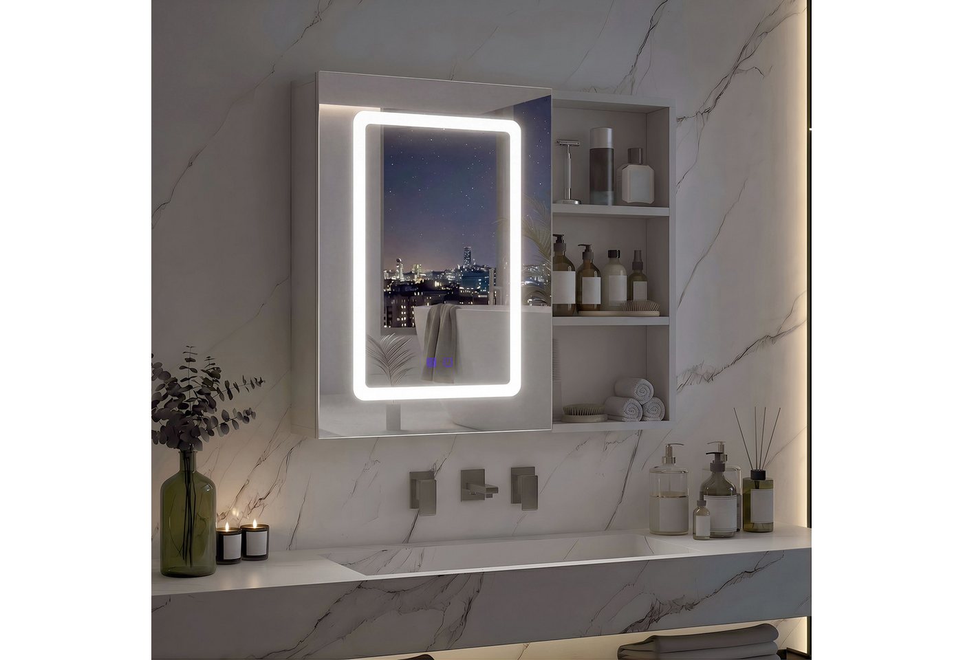 PXloue Badezimmerspiegelschrank mit licht Spiegelschrank bad mit beleuchtung (Einstellung der warmen und kalten Farbtemperatur 3000/4500/6400K) inkl. LED-Beleuchtung, Stecker, Touchschalter, Beschlagfrei Bild 3