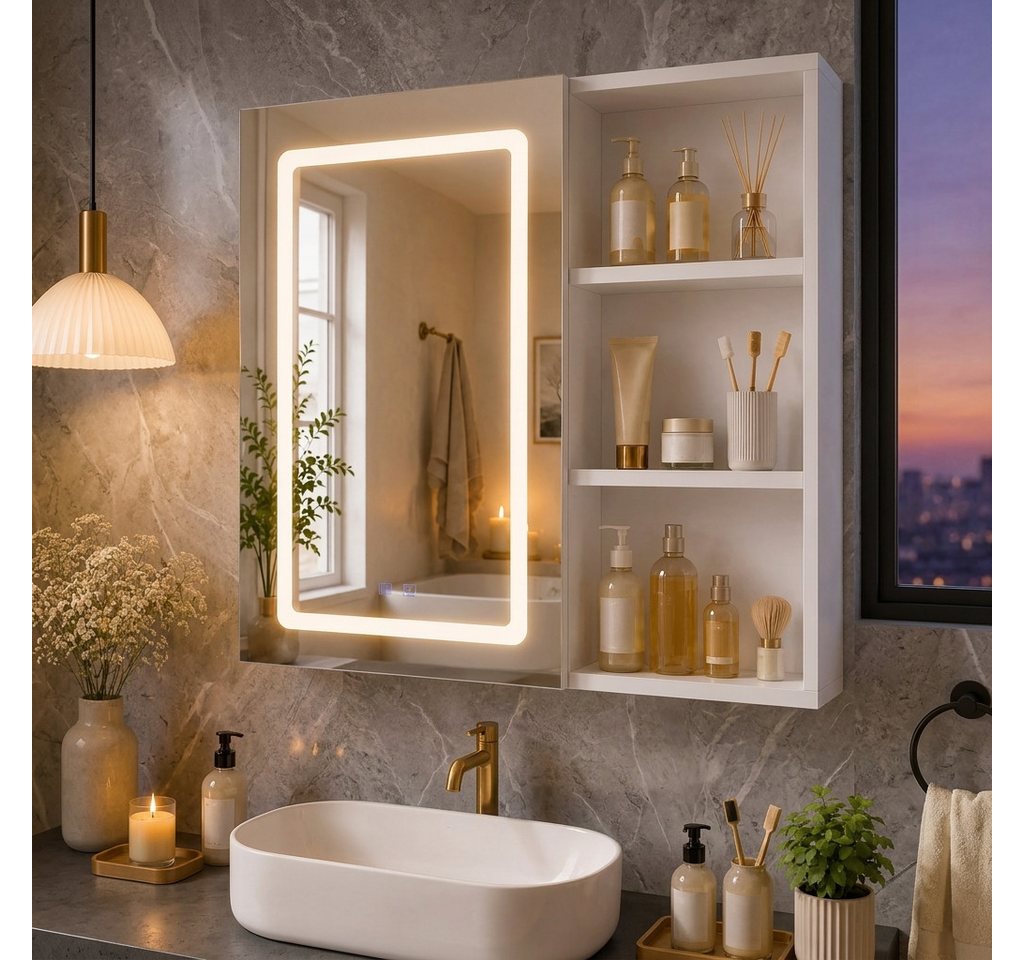 PXloue Badezimmerspiegelschrank mit licht Spiegelschrank bad mit beleuchtung (Einstellung der warmen und kalten Farbtemperatur 3000/4500/6400K) inkl. LED-Beleuchtung, Stecker, Touchschalter, Beschlagfrei Bild 4
