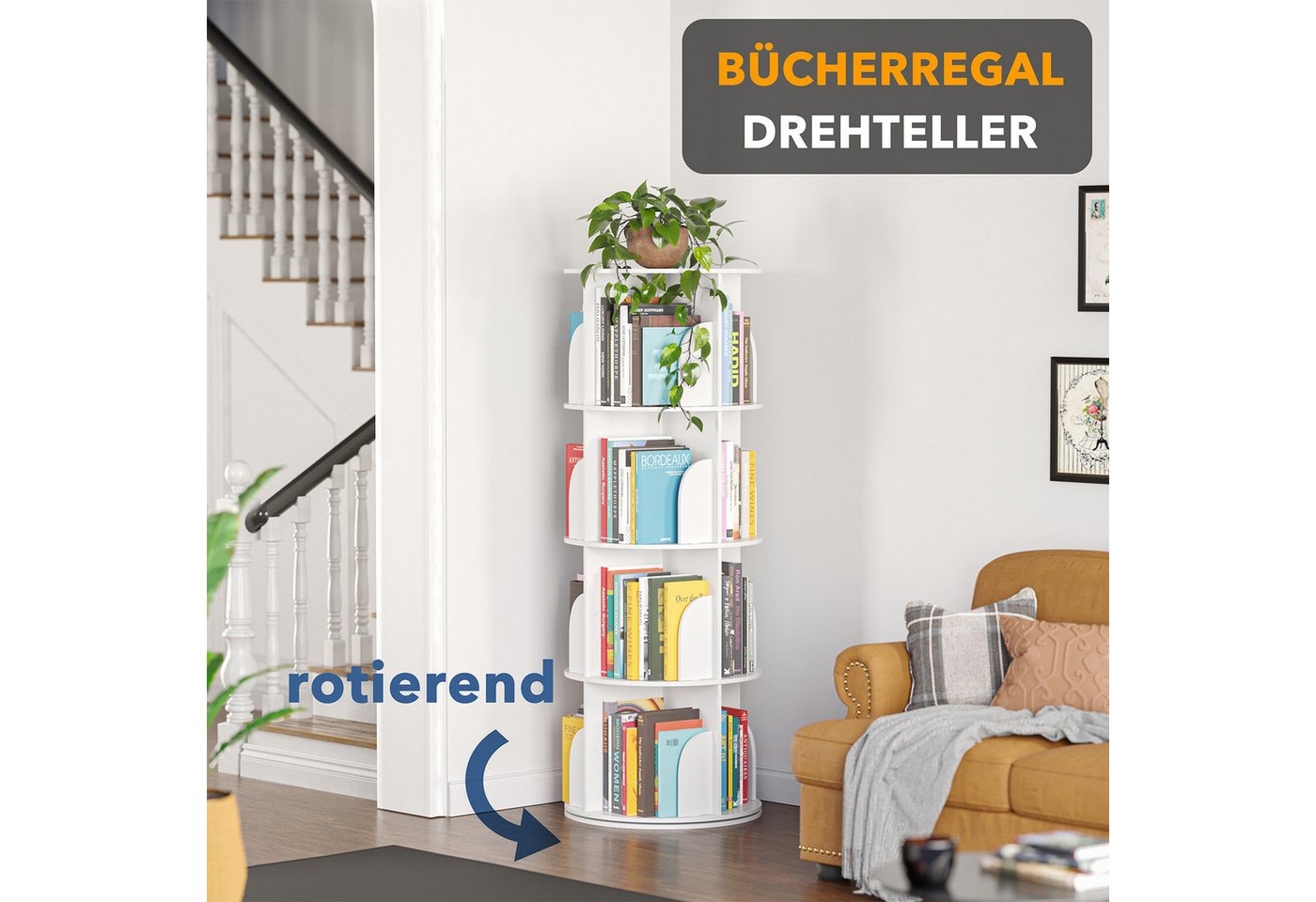 SpaceAid Bücherregal 360-Grad drehbares Bücherregal, 1-tlg., Standregal mit 4 Ebenen, weiß