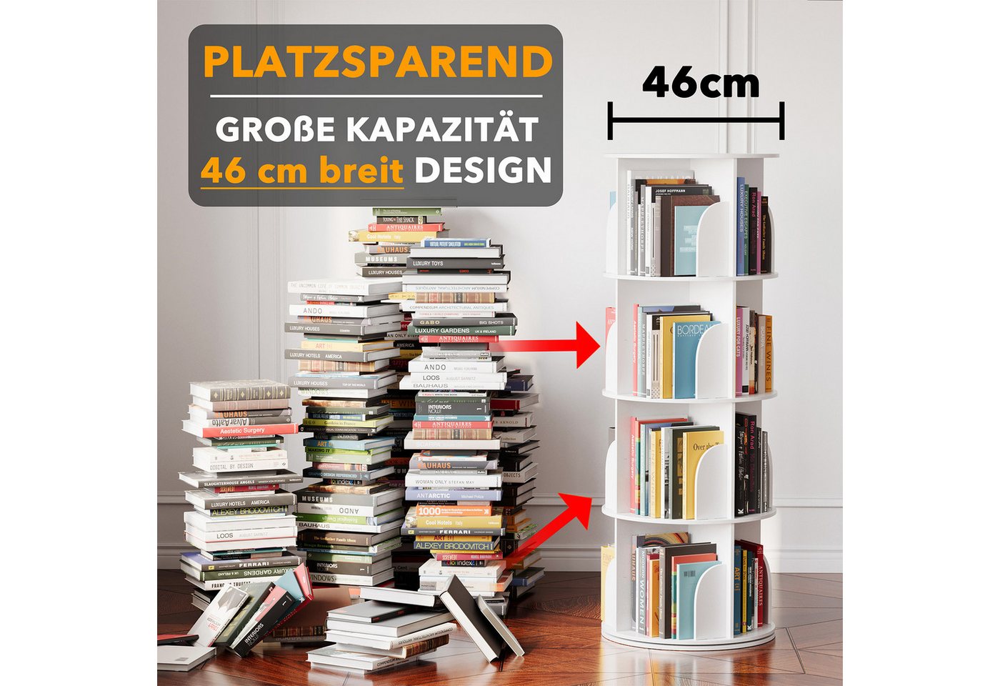 SpaceAid Bücherregal 360-Grad drehbares Bücherregal, 1-tlg., Standregal mit 4 Ebenen, weiß Bild 4
