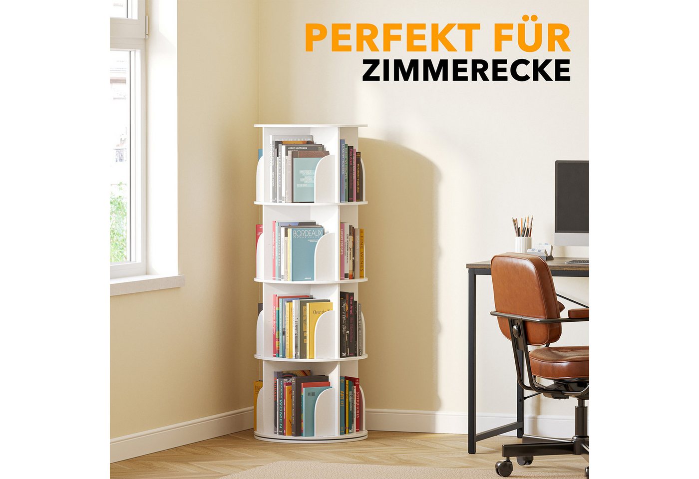 SpaceAid Bücherregal 360-Grad drehbares Bücherregal, 1-tlg., Standregal mit 4 Ebenen, weiß Bild 5