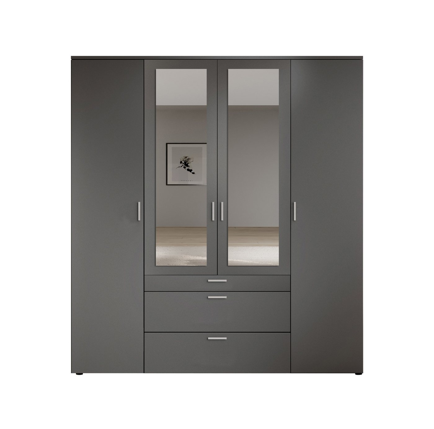 PREISBRECHER Drehtürenschrank Vesala 4 Türen, 3 Schübe, Graphit / Spiegel - 180x195x56cm (BxHxT)