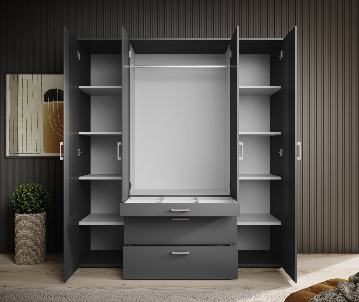 PREISBRECHER Drehtürenschrank Vesala 4 Türen, 3 Schübe, Graphit / Spiegel - 180x195x56cm (BxHxT) Bild 3