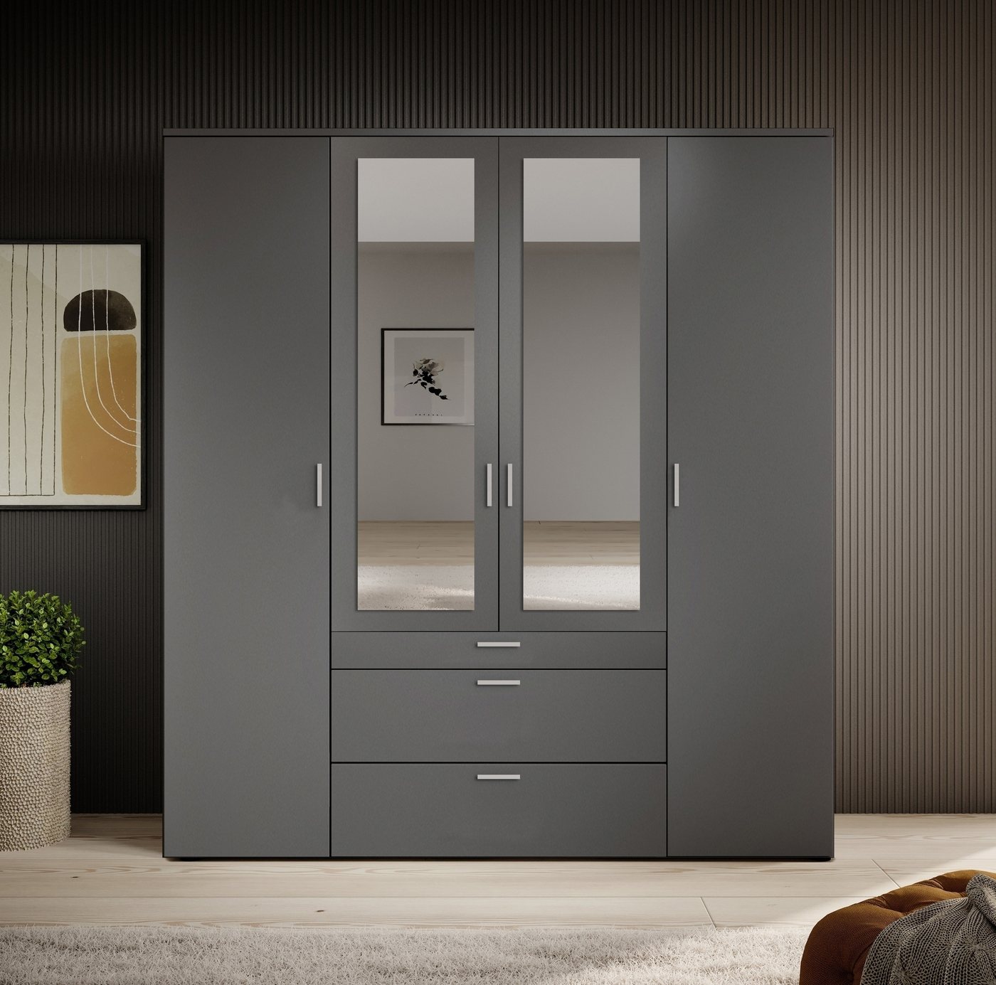 PREISBRECHER Drehtürenschrank Vesala 4 Türen, 3 Schübe, Graphit / Spiegel - 180x195x56cm (BxHxT) Bild 4
