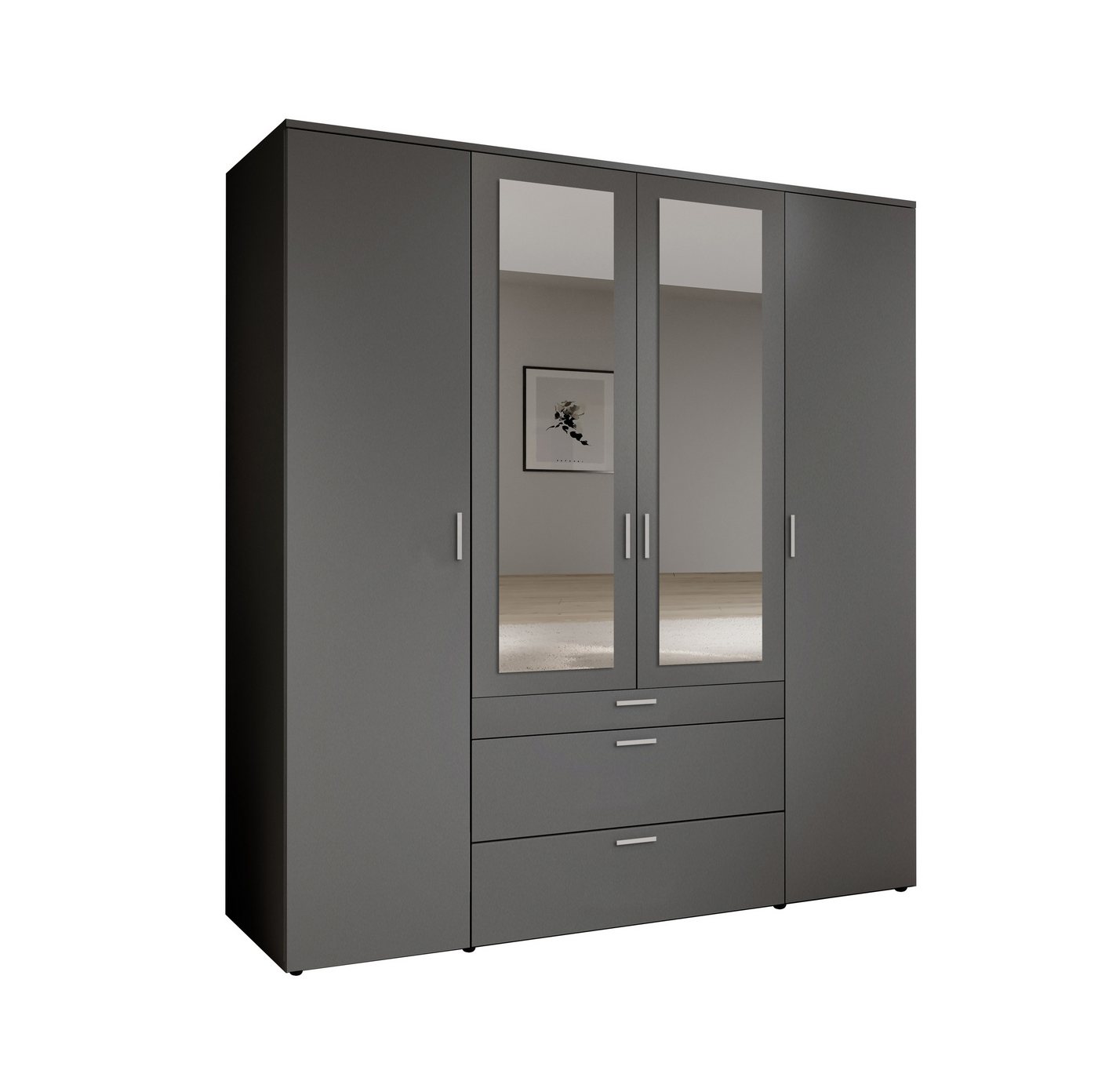 PREISBRECHER Drehtürenschrank Vesala 4 Türen, 3 Schübe, Graphit / Spiegel - 180x195x56cm (BxHxT) Bild 5